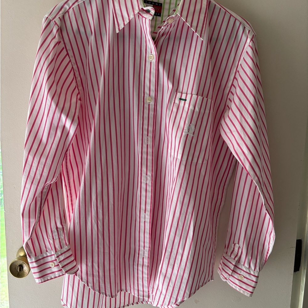 Tommy Hilfiger Women Pink Striped Shirt size 10 EUC